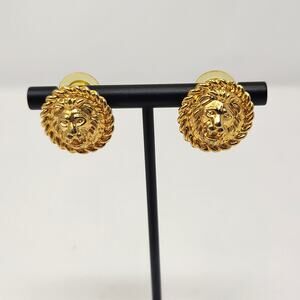 Ann Klein Lion Head Gold Tone Button Earrings Stud Post Pierced Vintage Retro